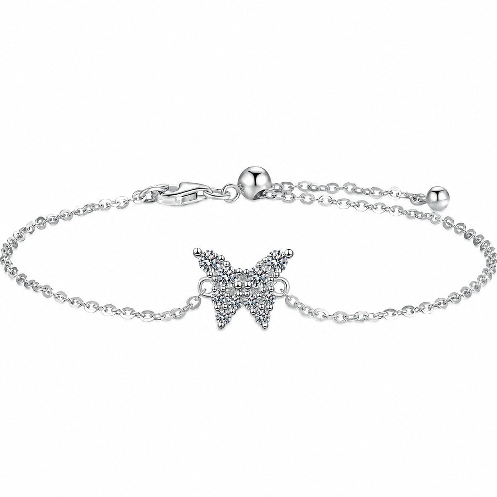Butterfly Moissanite Chain Bracelet in Rhodium-Plated S925 sterling silver white background product photo showing bracelet shape and moissanite setting