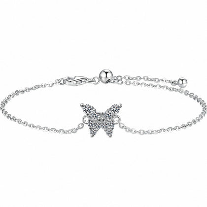 Butterfly Moissanite Chain Bracelet in Rhodium-Plated S925 sterling silver white background product photo showing bracelet shape and moissanite setting