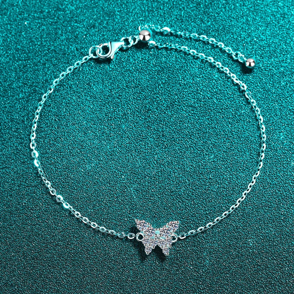 Butterfly Moissanite Chain Bracelet in Rhodium-Plated S925 sterling silver styled product scene showing stone sparkle and chain detail