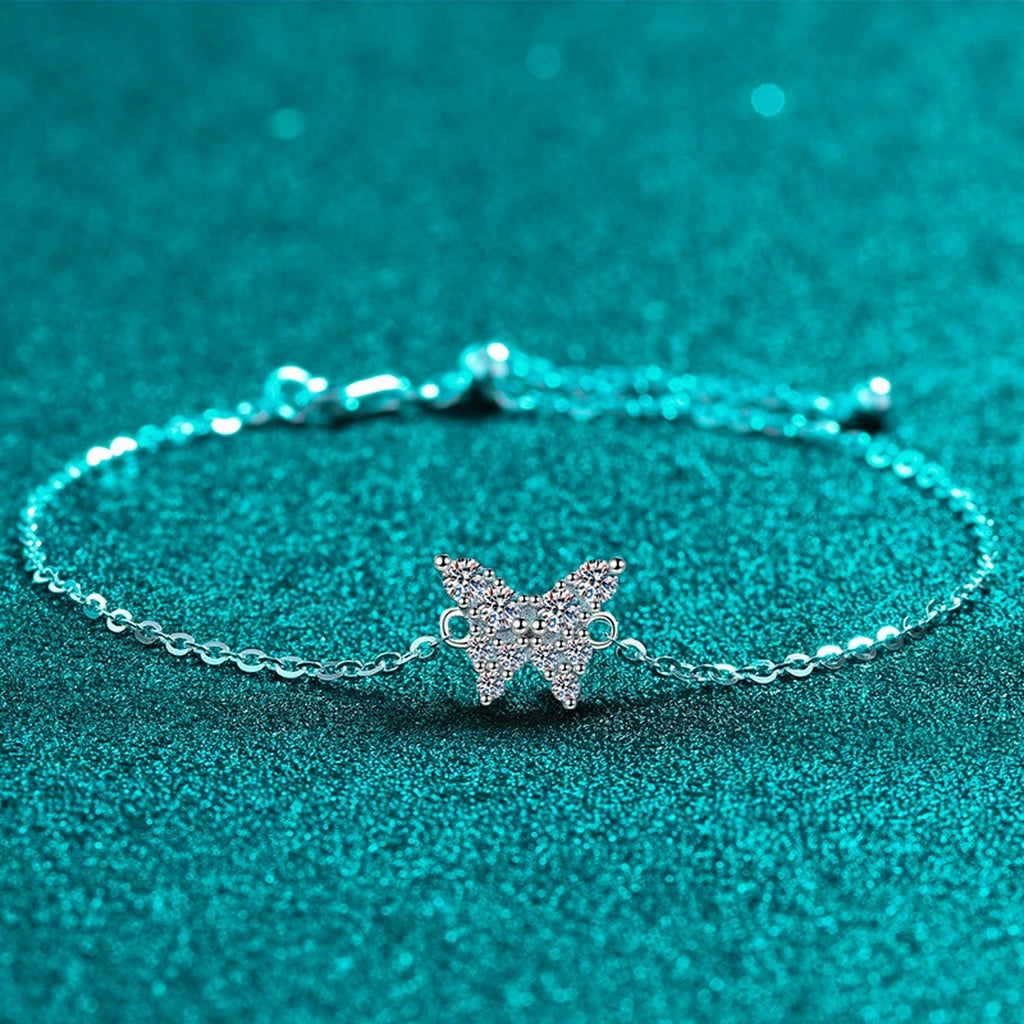Butterfly Moissanite Chain Bracelet in Rhodium-Plated S925 sterling silver close-up bracelet detail view showing clasp and motif