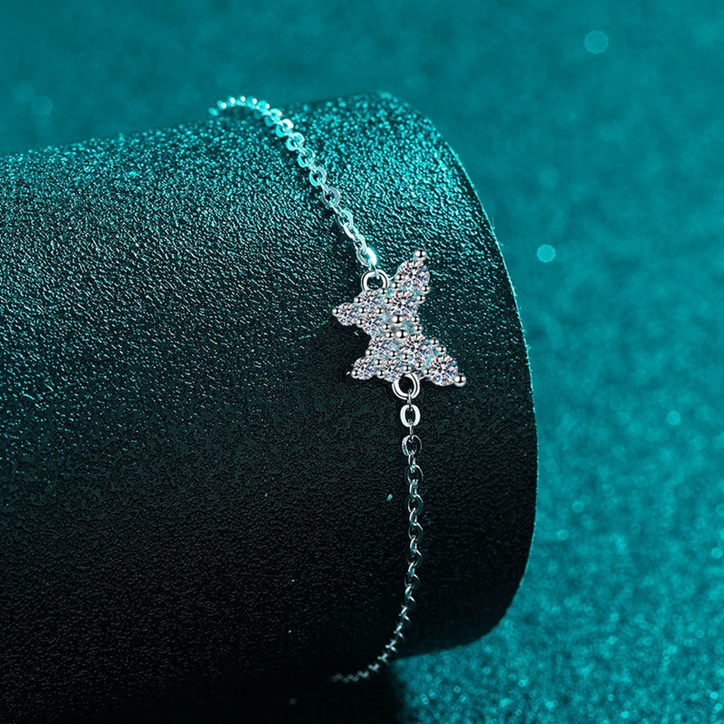 Butterfly Moissanite Chain Bracelet in Rhodium-Plated S925 sterling silver angled product display showing bracelet silhouette