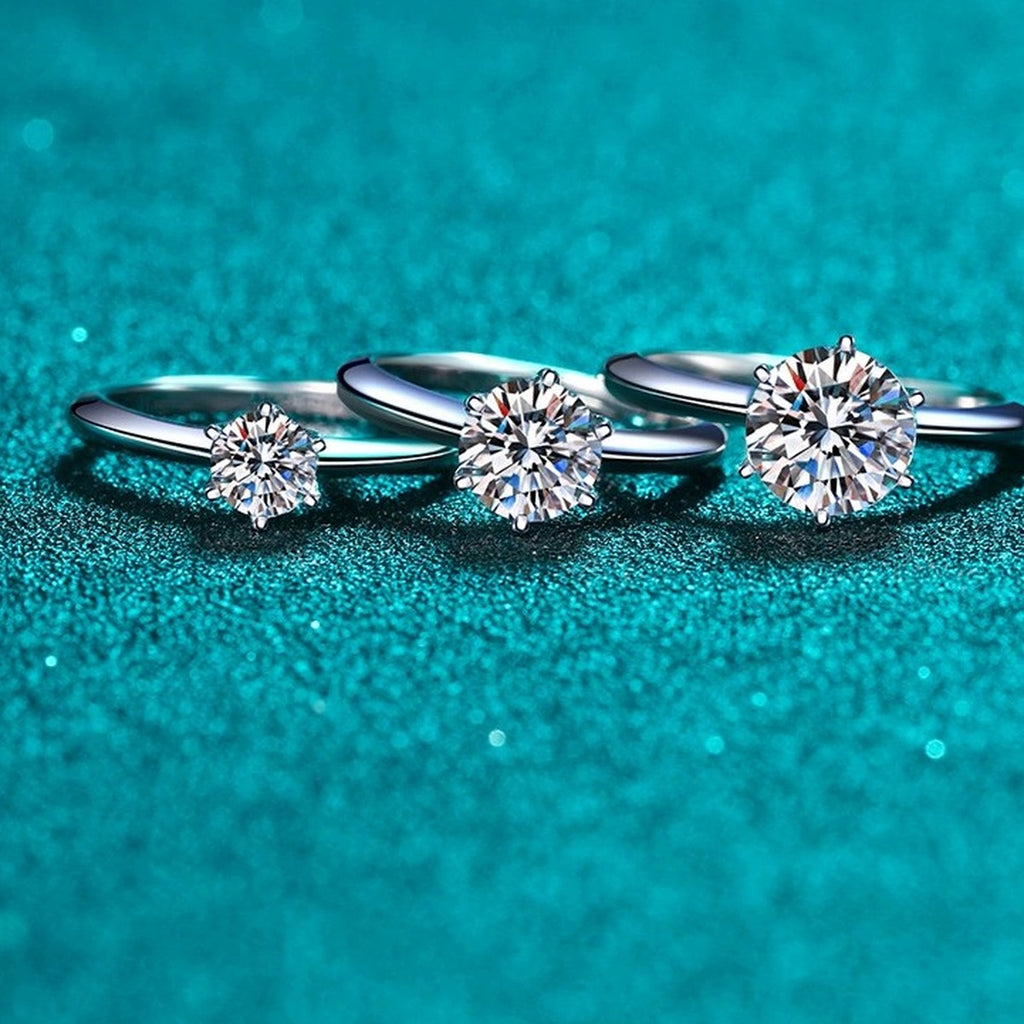 Round Moissanite Solitaire Ring in Rhodium-Plated S925 Sterling Silver blue display product photo showing the moissanite setting and band profile