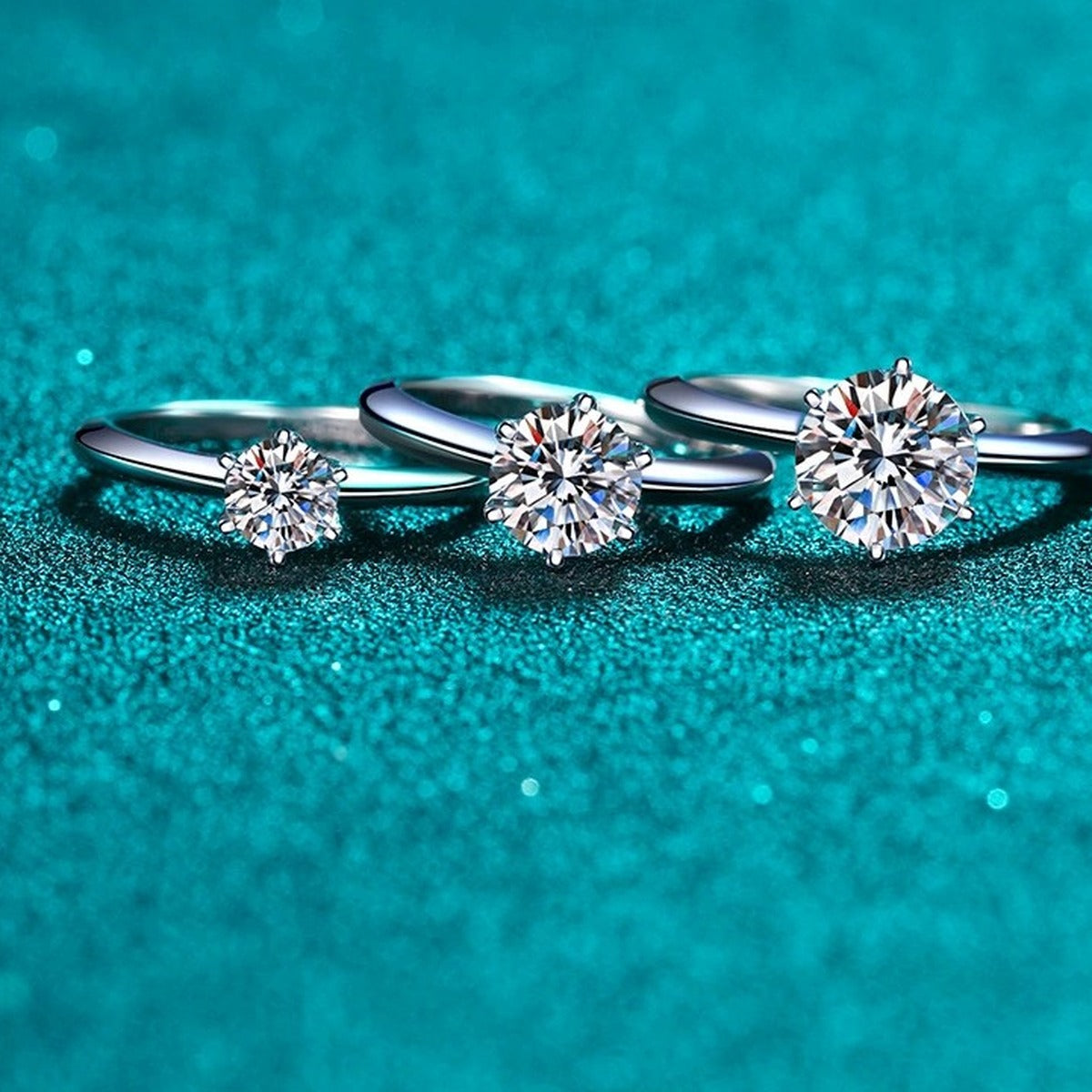 Round Moissanite Solitaire Ring in Rhodium-Plated S925 Sterling Silver blue display product photo showing the moissanite setting and band profile