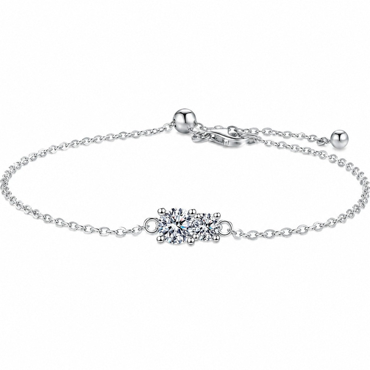 Round Moissanite Adjustable Chain Bracelet in Rhodium-Plated S925 sterling silver white background product photo showing bracelet shape and moissanite setting