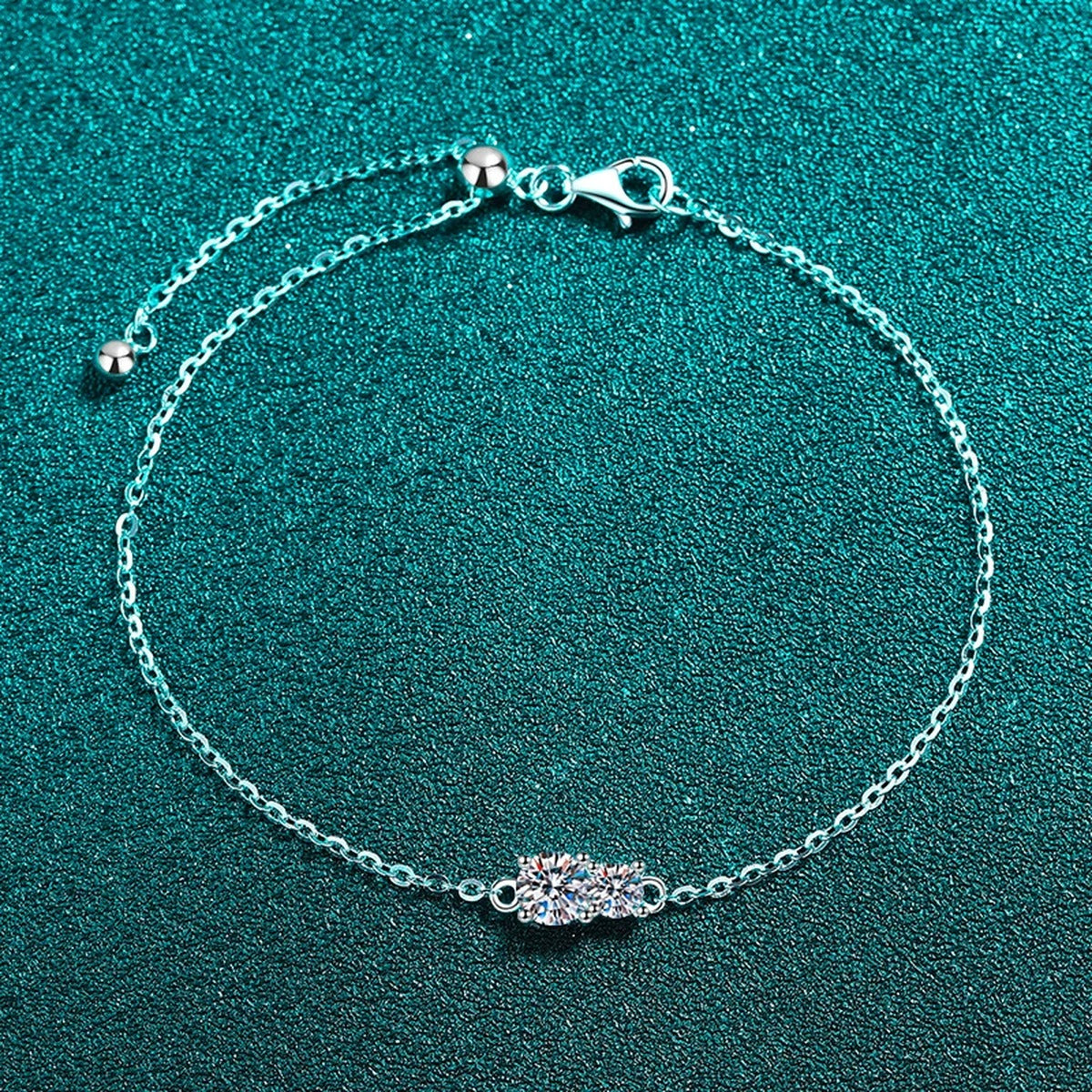 Round Moissanite Adjustable Chain Bracelet in Rhodium-Plated S925 sterling silver close-up bracelet detail view showing clasp and motif