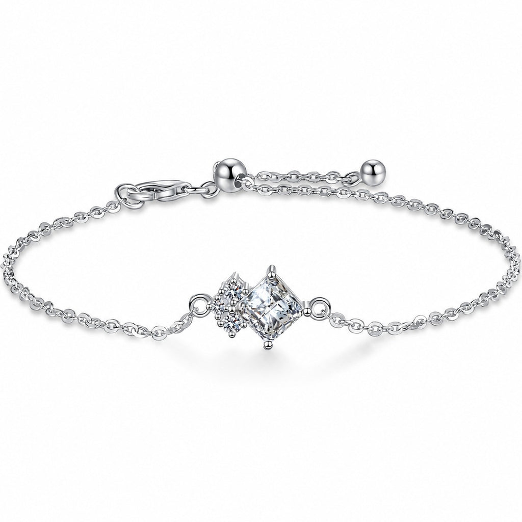 Princess-Cut Moissanite Adjustable Bracelet with CZ in Rhodium-Plated S925 sterling silver white background product photo showing bracelet shape and moissanite setting