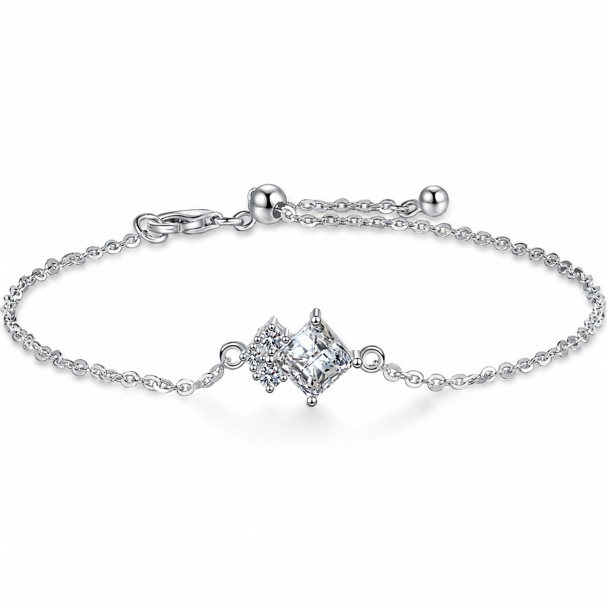 Princess-Cut Moissanite Adjustable Bracelet with CZ in Rhodium-Plated S925 sterling silver white background product photo showing bracelet shape and moissanite setting