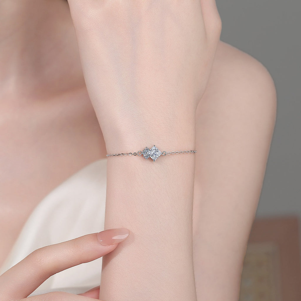 Princess-Cut Moissanite Adjustable Bracelet with CZ in Rhodium-Plated S925 sterling silver worn on wrist model view showing scale and adjustable fit
