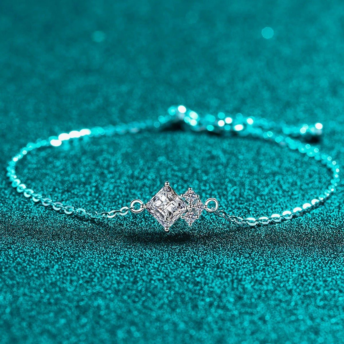 Princess-Cut Moissanite Adjustable Bracelet with CZ in Rhodium-Plated S925 sterling silver styled product scene showing stone sparkle and chain detail