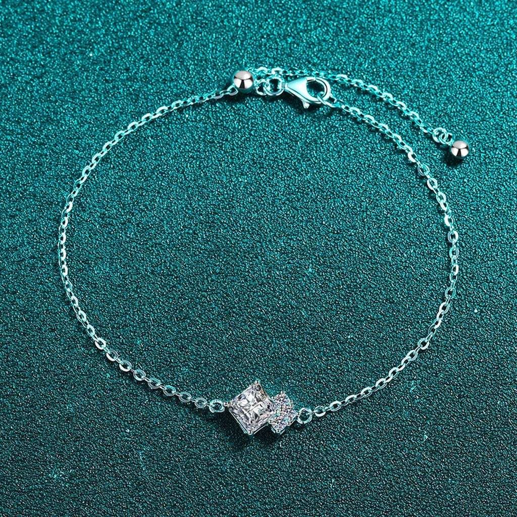 Princess-Cut Moissanite Adjustable Bracelet with CZ in Rhodium-Plated S925 sterling silver close-up bracelet detail view showing clasp and motif