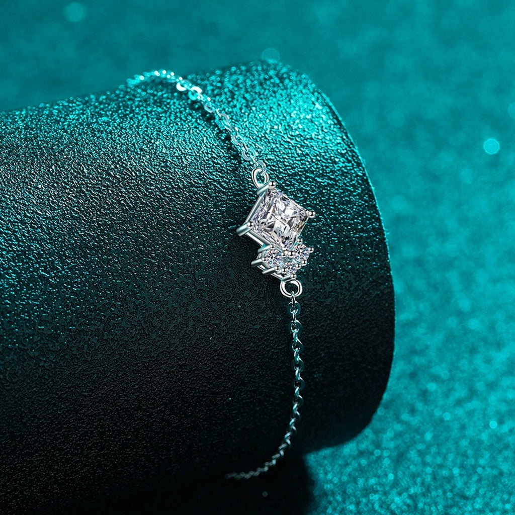 Princess-Cut Moissanite Adjustable Bracelet with CZ in Rhodium-Plated S925 sterling silver angled product display showing bracelet silhouette