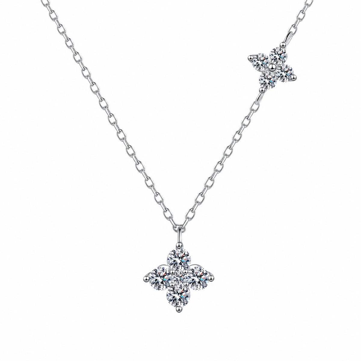Two-Tone Clover Round Moissanite Necklace in Gold-Plated S925 sterling silver white background product photo showing clover pendant offered in rhodium and champion gold plating with round moissanite