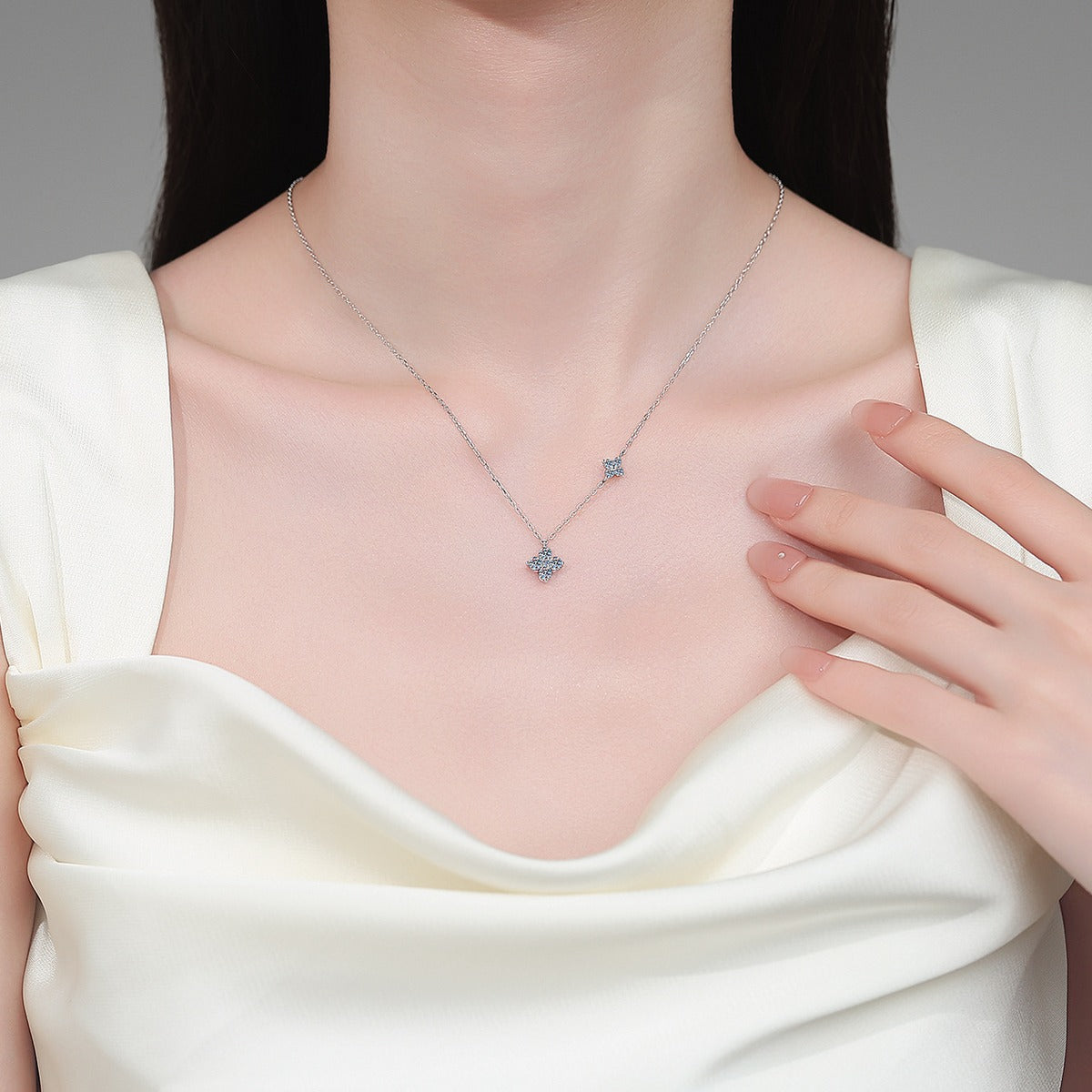 Two-Tone Clover Round Moissanite Necklace in Gold-Plated S925 sterling silver neckline model view showing pendant scale and adjustable chain