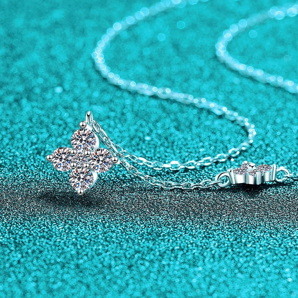 Two-Tone Clover Round Moissanite Necklace in Gold-Plated S925 sterling silver blue display scene showing chain and stone layout