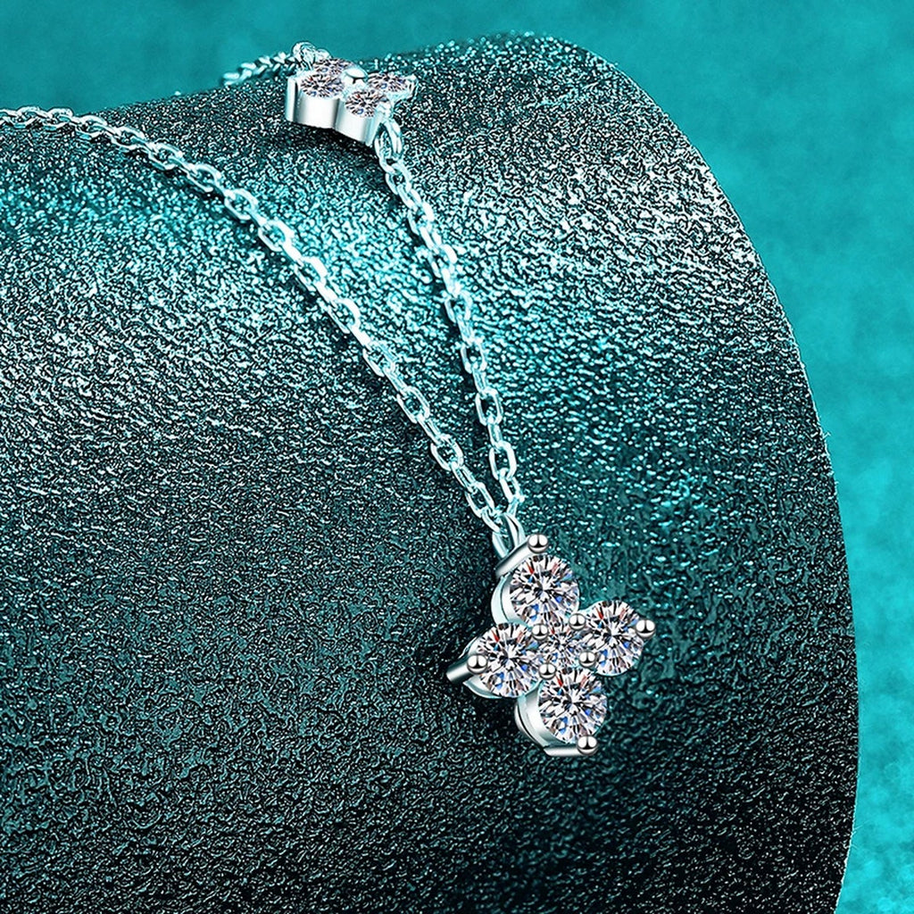 Two-Tone Clover Round Moissanite Necklace in Gold-Plated S925 sterling silver angled product detail view