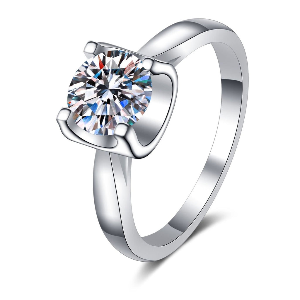 Round Moissanite Adjustable Solitaire Ring in rhodium-plated S925 sterling silver on clean white background