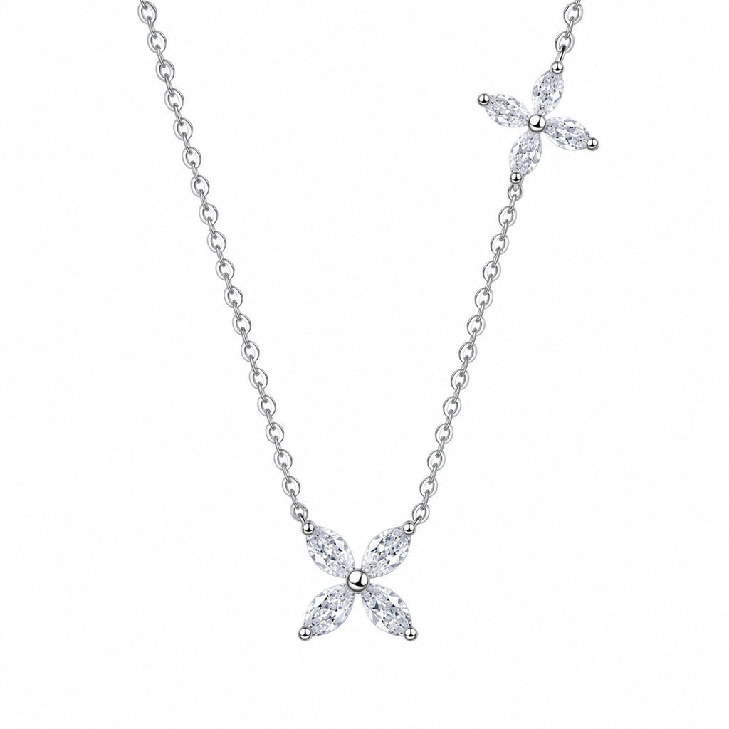 Marquise Clover Moissanite Necklace in Rhodium-Plated S925 sterling silver white background product photo showing four-petal clover necklace with marquise moissanite stones