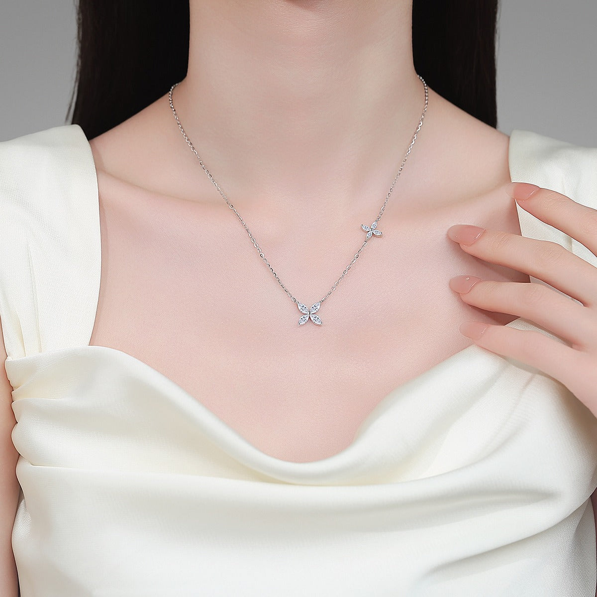 Marquise Clover Moissanite Necklace in Rhodium-Plated S925 sterling silver neckline model view showing pendant scale and adjustable chain