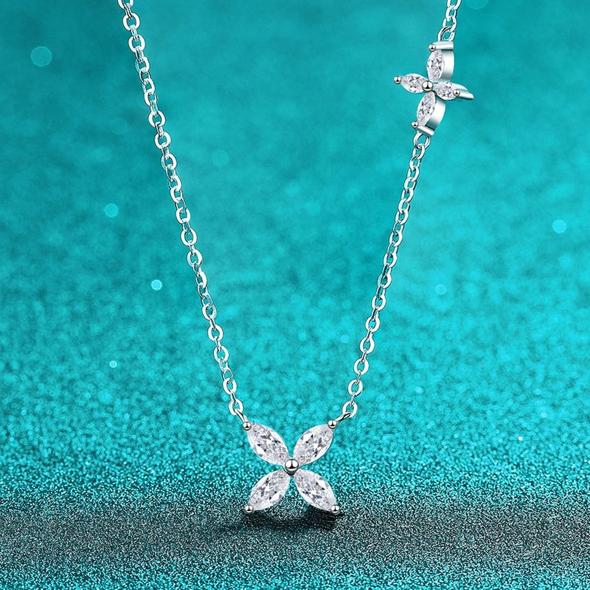 Marquise Clover Moissanite Necklace in Rhodium-Plated S925 sterling silver close-up product scene showing pendant setting