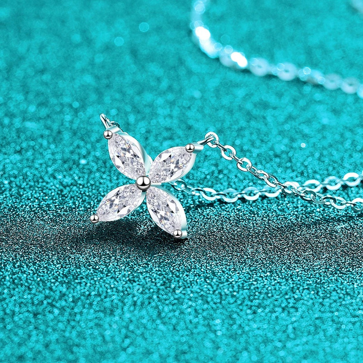 Marquise Clover Moissanite Necklace in Rhodium-Plated S925 sterling silver blue display scene showing chain and stone layout