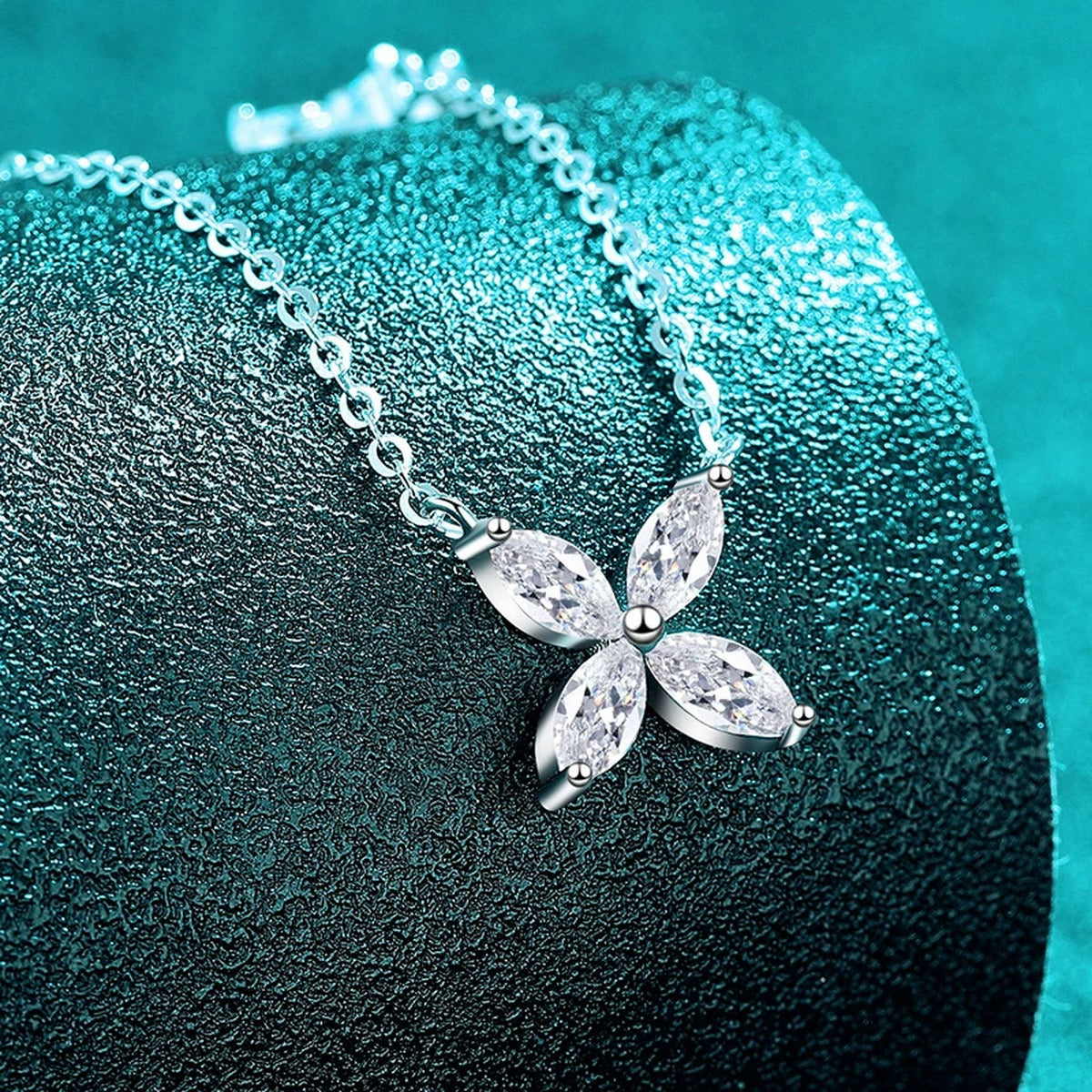 Marquise Clover Moissanite Necklace in Rhodium-Plated S925 sterling silver angled product detail view