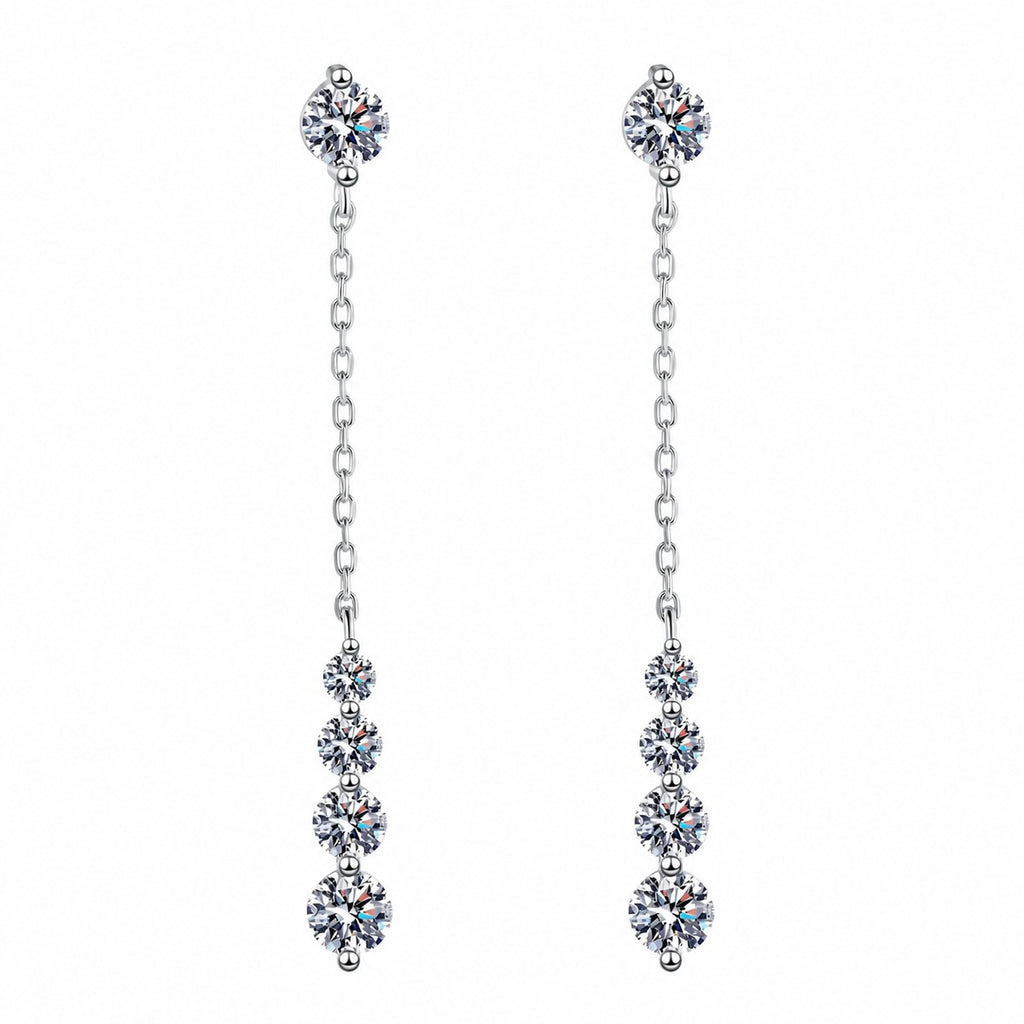 Graduated Moissanite Chain Stud Dangle Earrings in Rhodium-Plated S925 sterling silver white background product photo showing the pair, stone shape, and stud dangle earrings silhouette