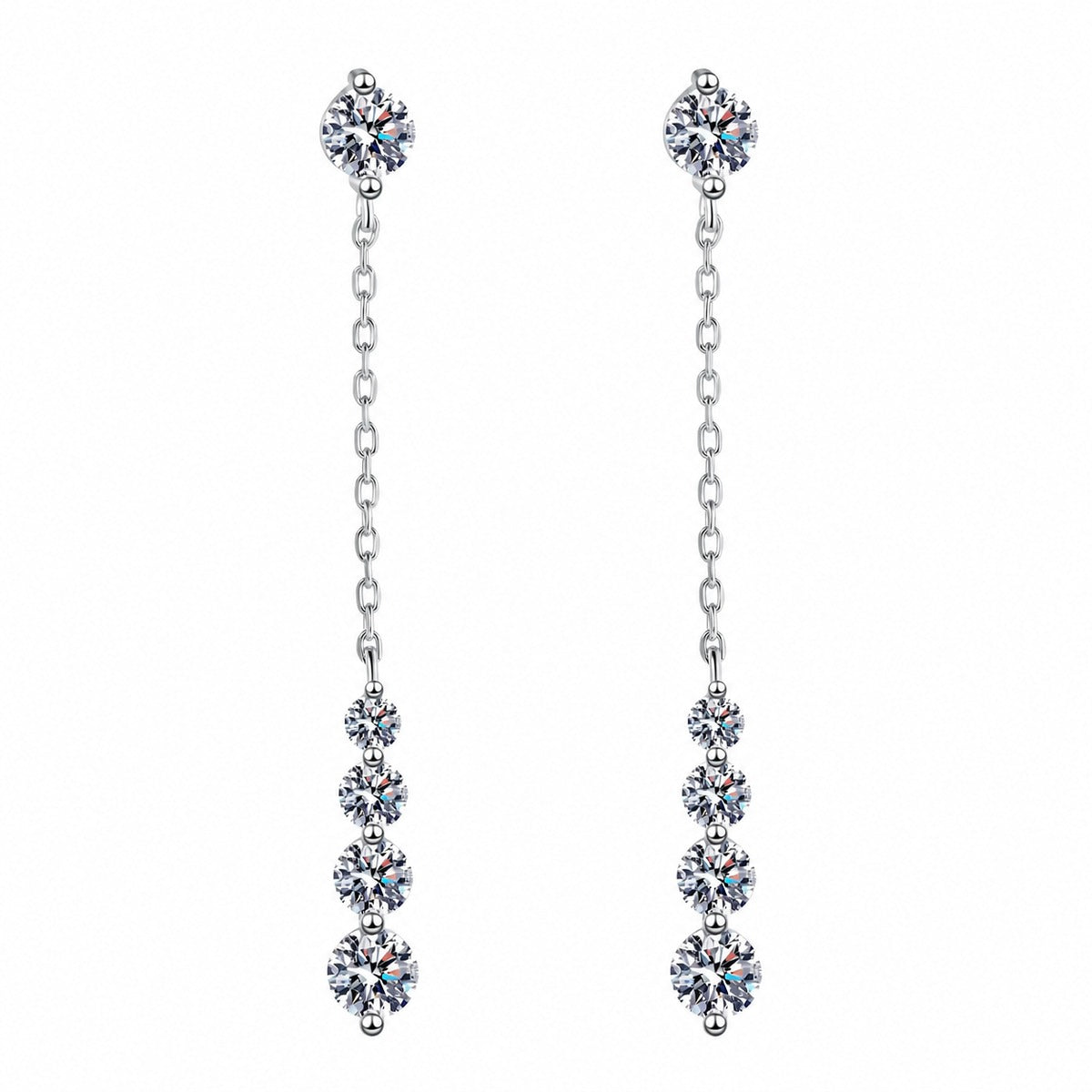 Graduated Moissanite Chain Stud Dangle Earrings in Rhodium-Plated S925 sterling silver white background product photo showing the pair, stone shape, and stud dangle earrings silhouette