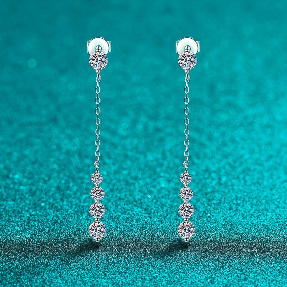 Graduated Moissanite Chain Stud Dangle Earrings in Rhodium-Plated S925 sterling silver product scene view showing front sparkle