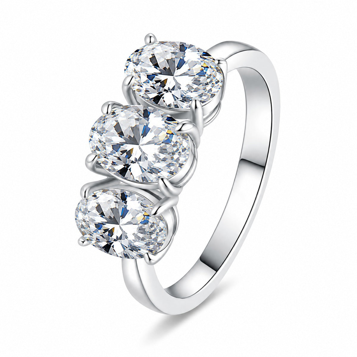 Oval Moissanite Three Stone Ring in rhodium-plated S925 sterling silver on clean white background
