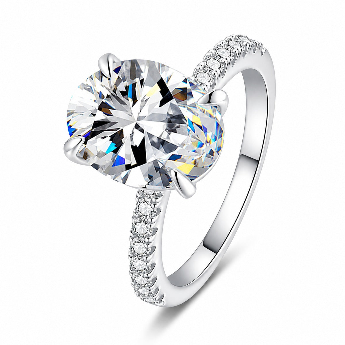 Oval Moissanite Engagement Ring with CZ in rhodium-plated S925 sterling silver on clean white background