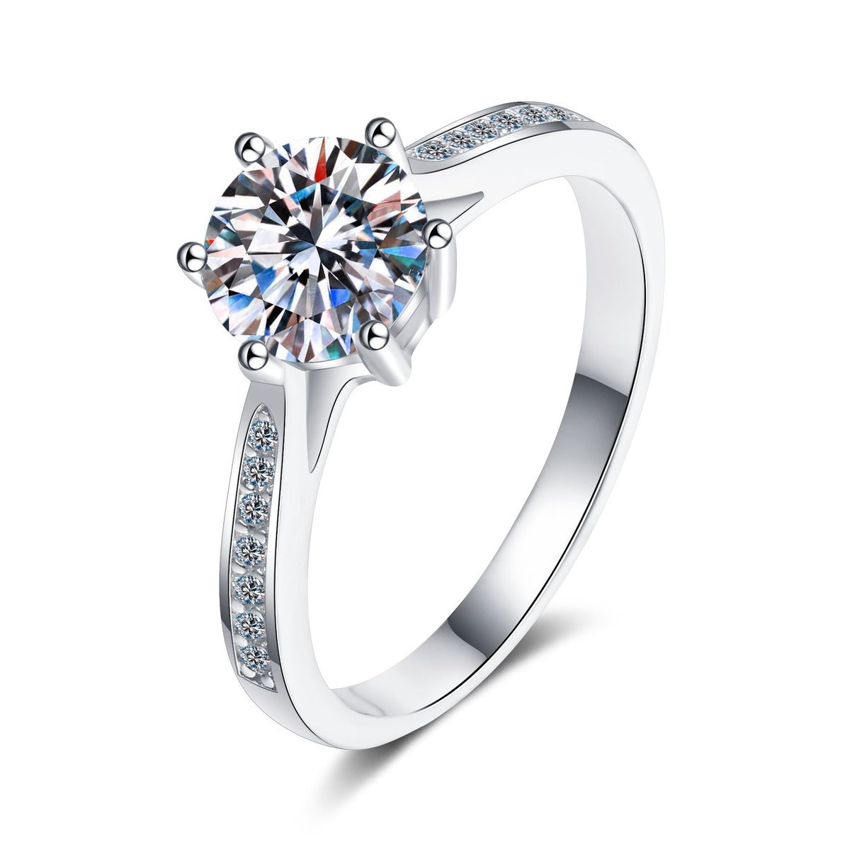 Round Moissanite Side Stone Adjustable Ring with CZ in rhodium-plated S925 sterling silver on clean white background