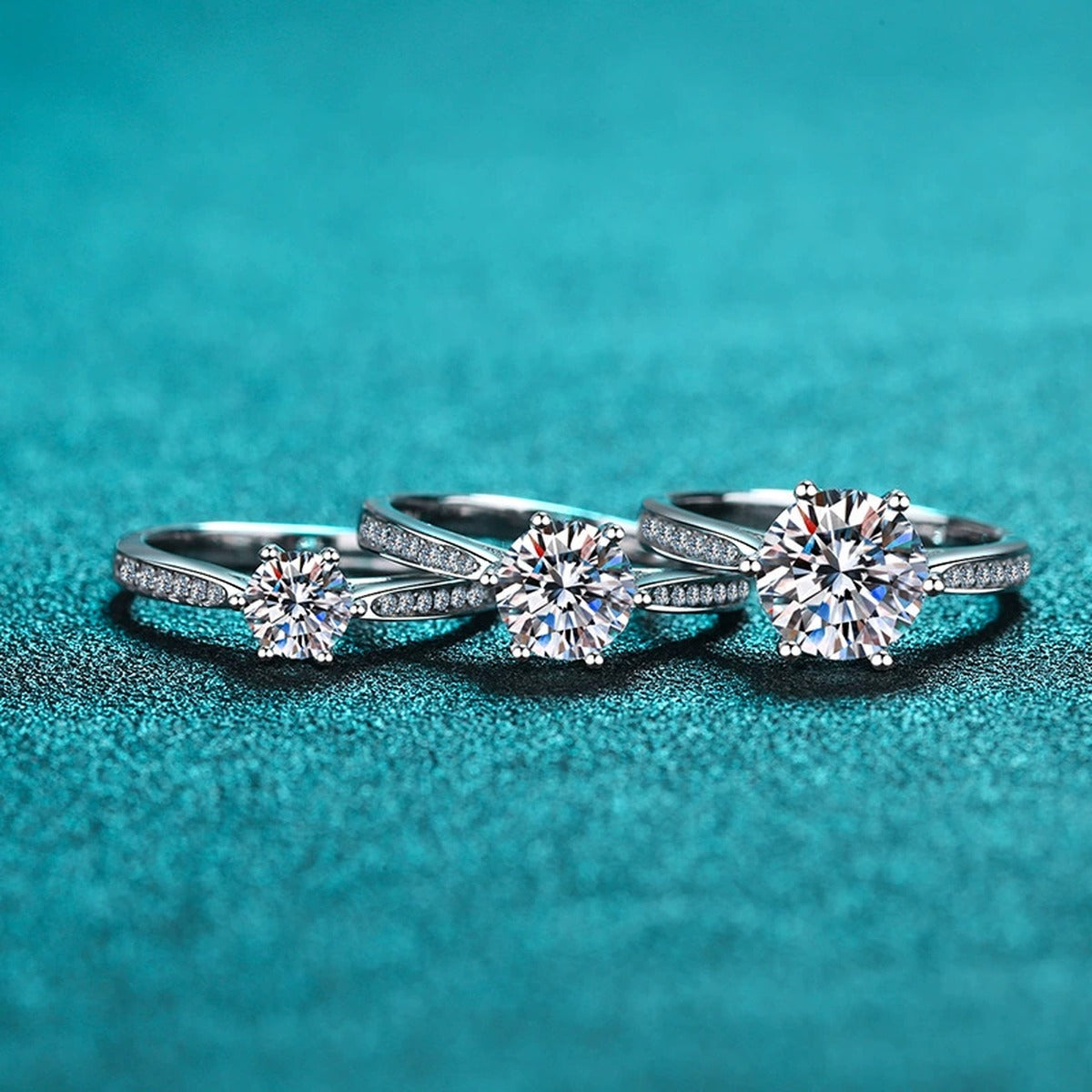 Round Moissanite Side Stone Adjustable Ring with CZ product view showing moissanite setting and metal finish
