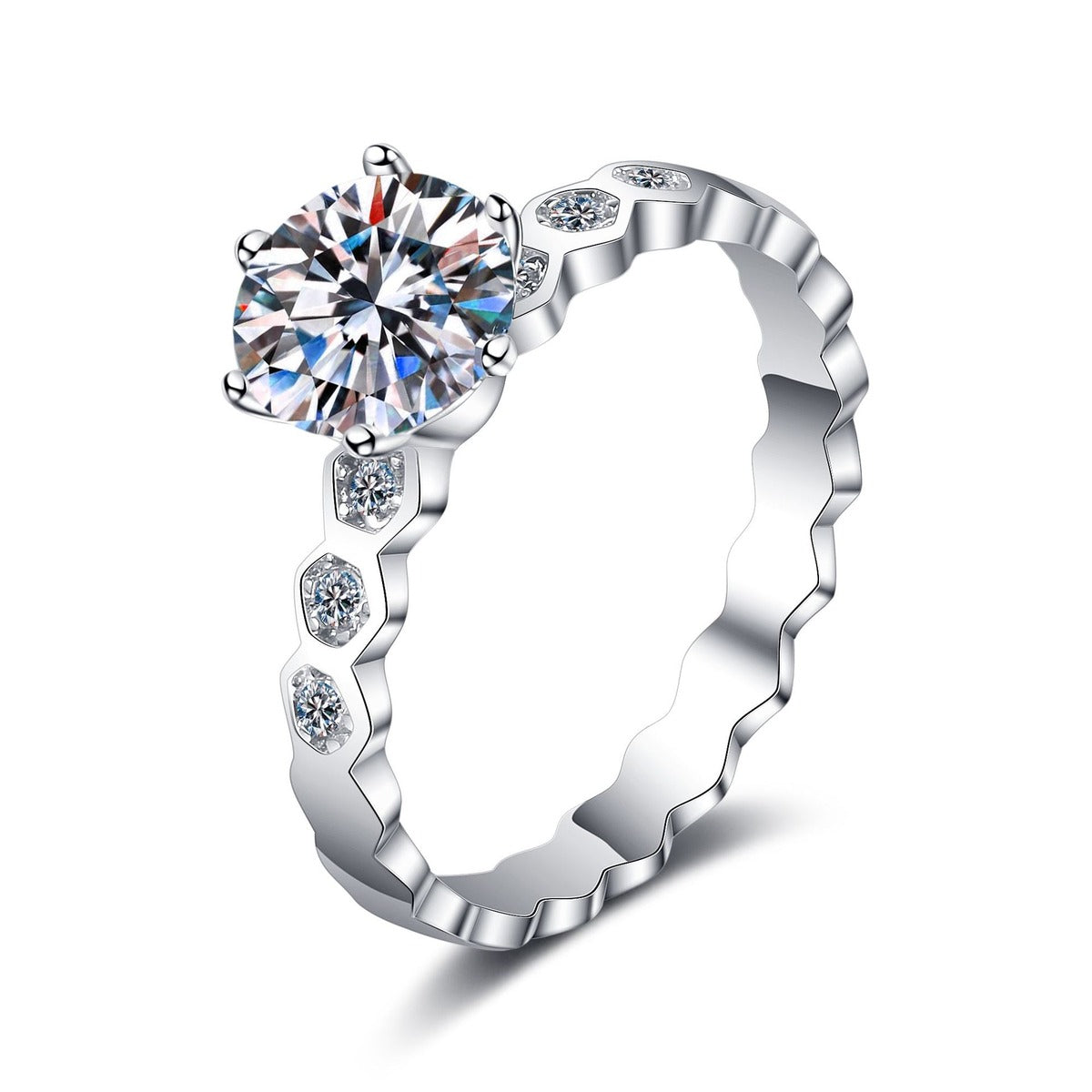 Round Moissanite Side Stone Ring with CZ in rhodium-plated S925 sterling silver on clean white background