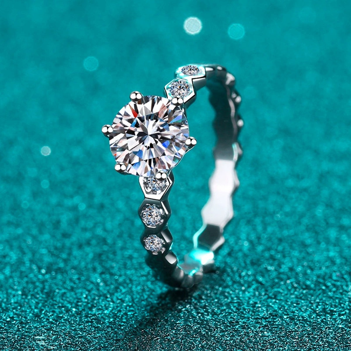 Round Moissanite Side Stone Ring with CZ product view showing moissanite setting and metal finish