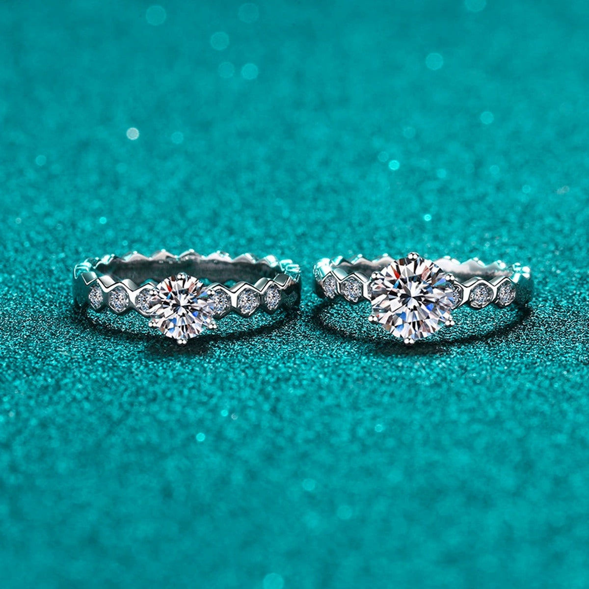 Round Moissanite Side Stone Ring with CZ product view showing moissanite setting and metal finish
