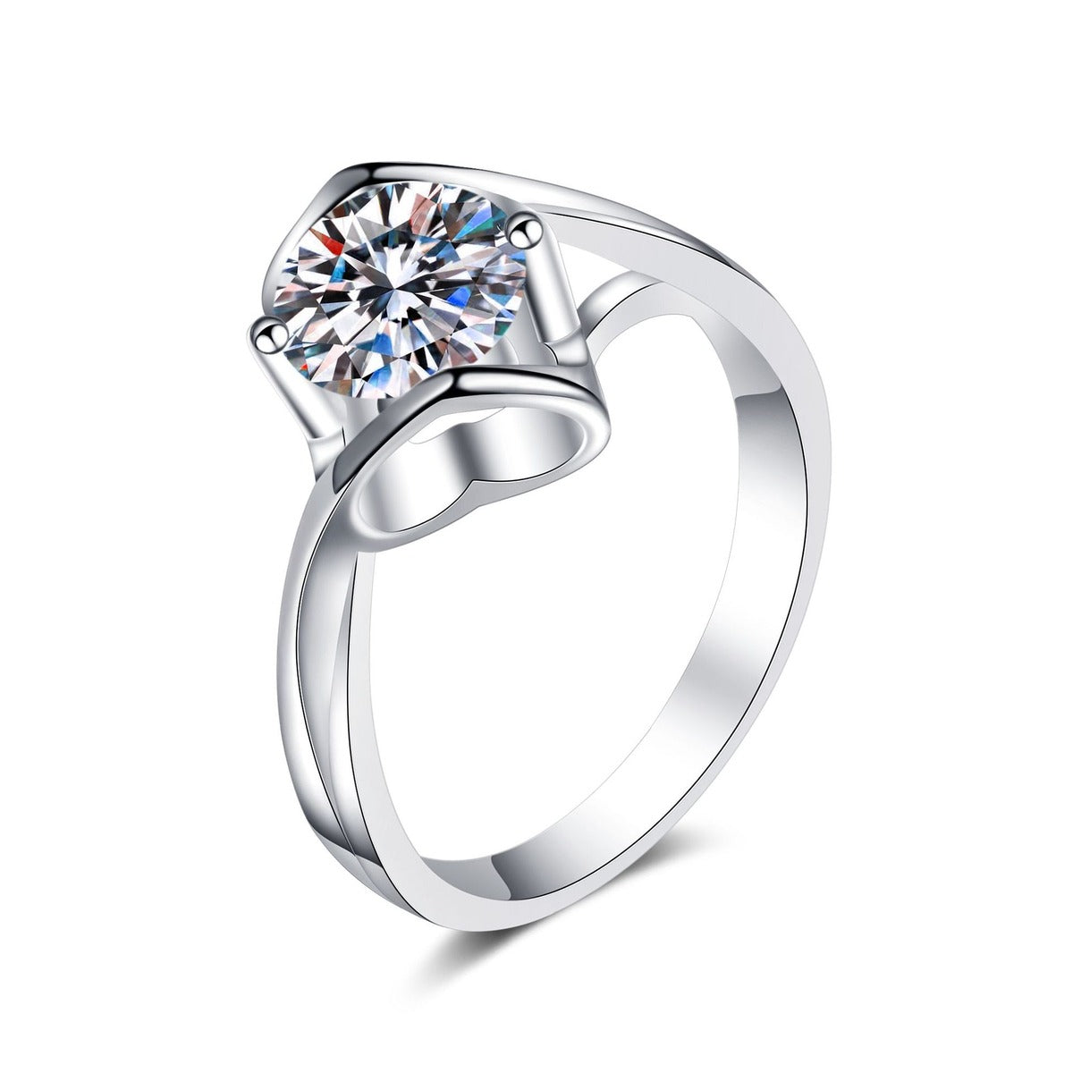 Round Moissanite Split Shank Engagement Ring in rhodium-plated S925 sterling silver on clean white background