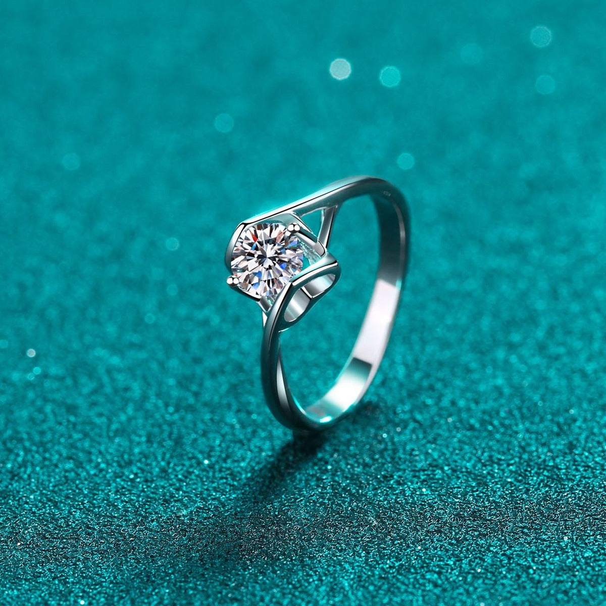Round Moissanite Split Shank Engagement Ring product view showing moissanite setting and metal finish