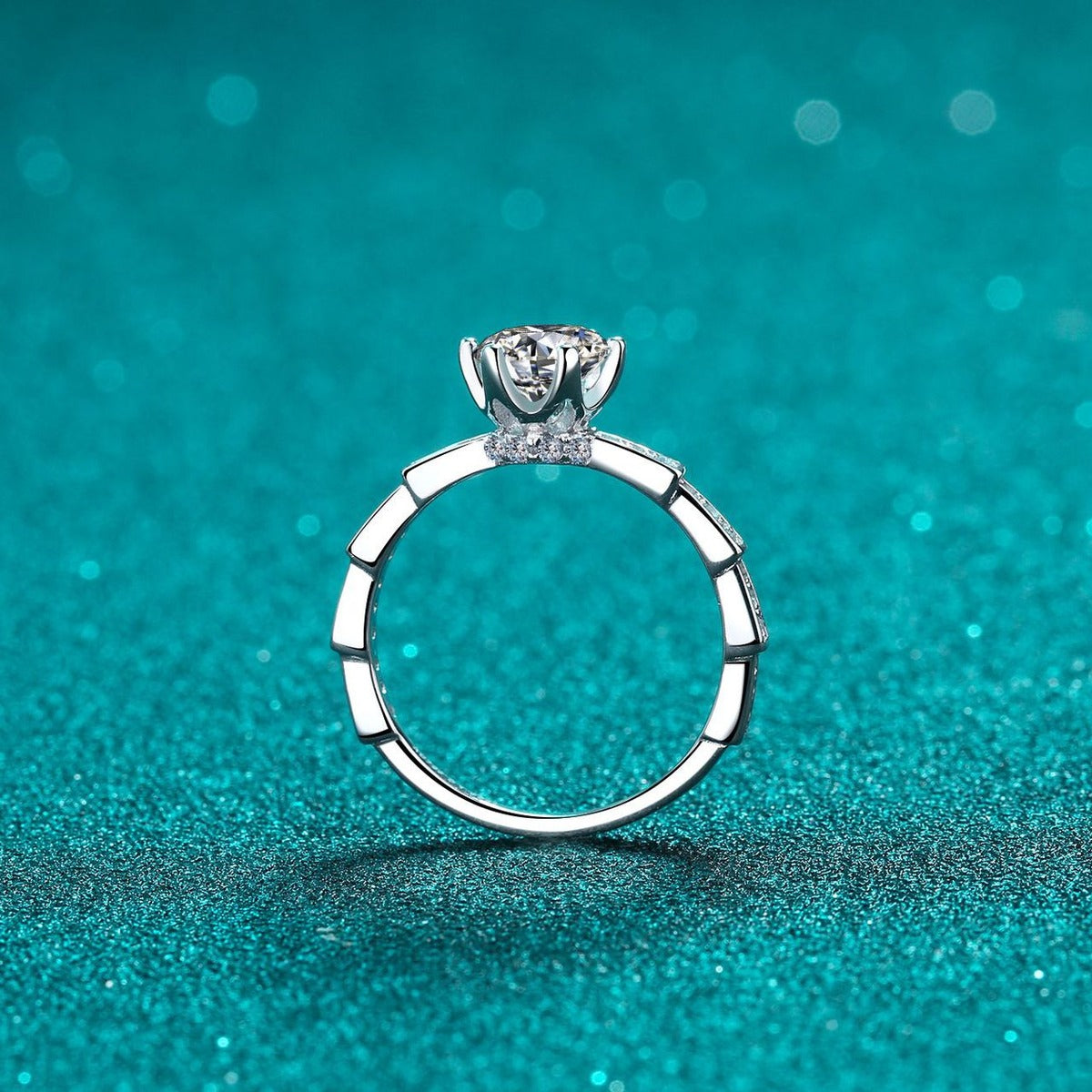Round Moissanite Side Stone Ring with CZ product view showing moissanite setting and metal finish
