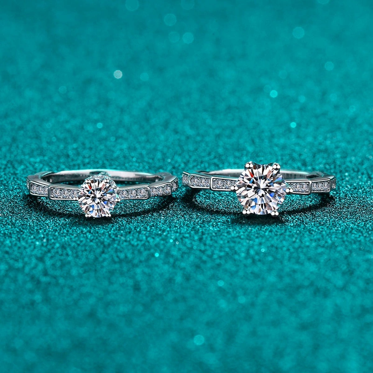 Round Moissanite Side Stone Ring with CZ product view showing moissanite setting and metal finish