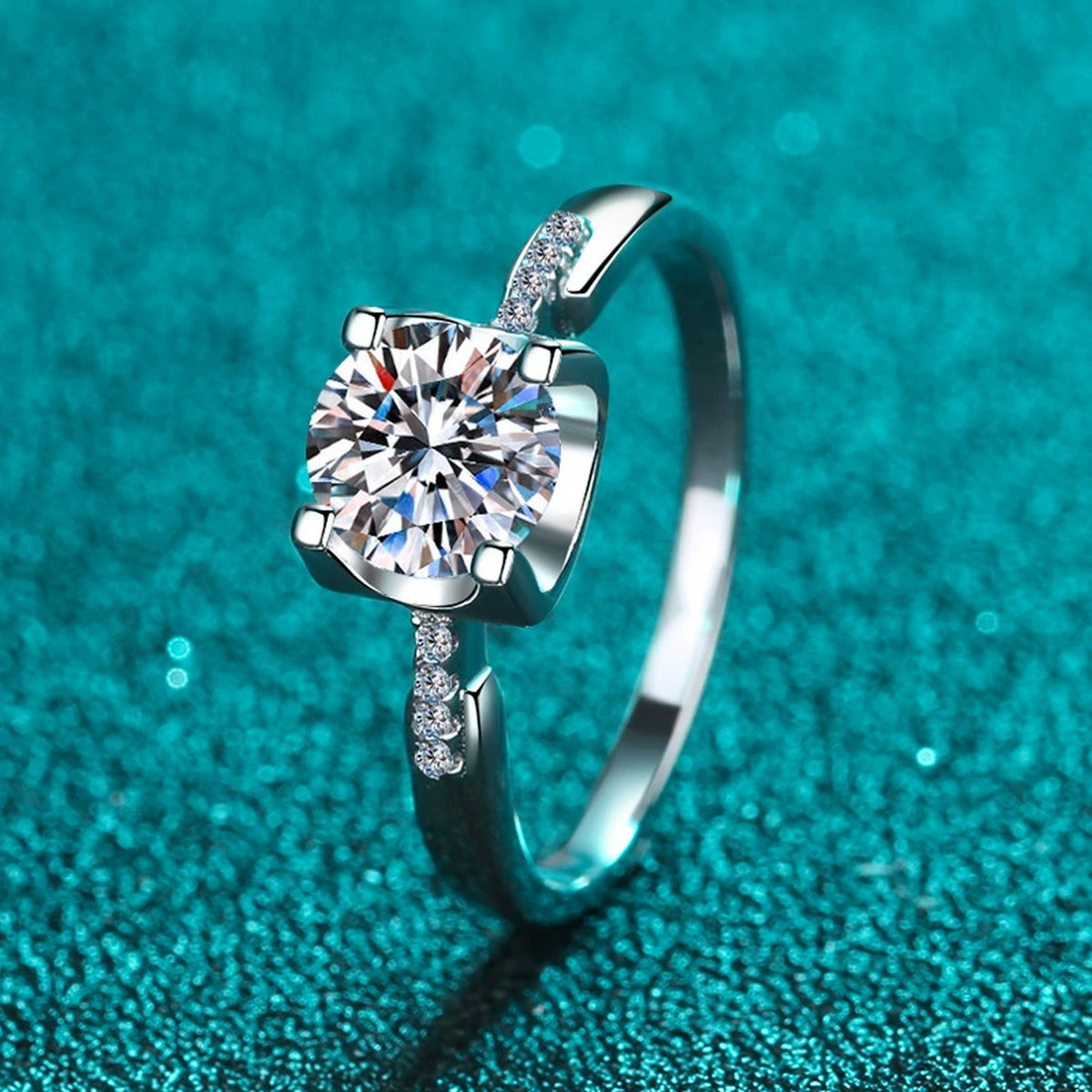 Round Moissanite Side Stone Adjustable Ring with CZ product view showing moissanite setting and metal finish