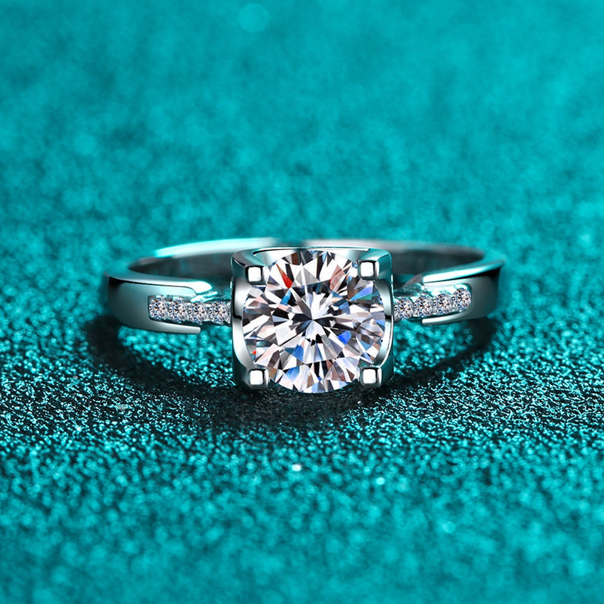 Round Moissanite Side Stone Adjustable Ring with CZ product view showing moissanite setting and metal finish
