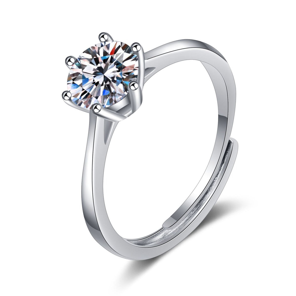 Round Moissanite Solitaire Ring in Rhodium-Plated S925 Sterling Silver clean white background product photo showing the ring silhouette and moissanite setting