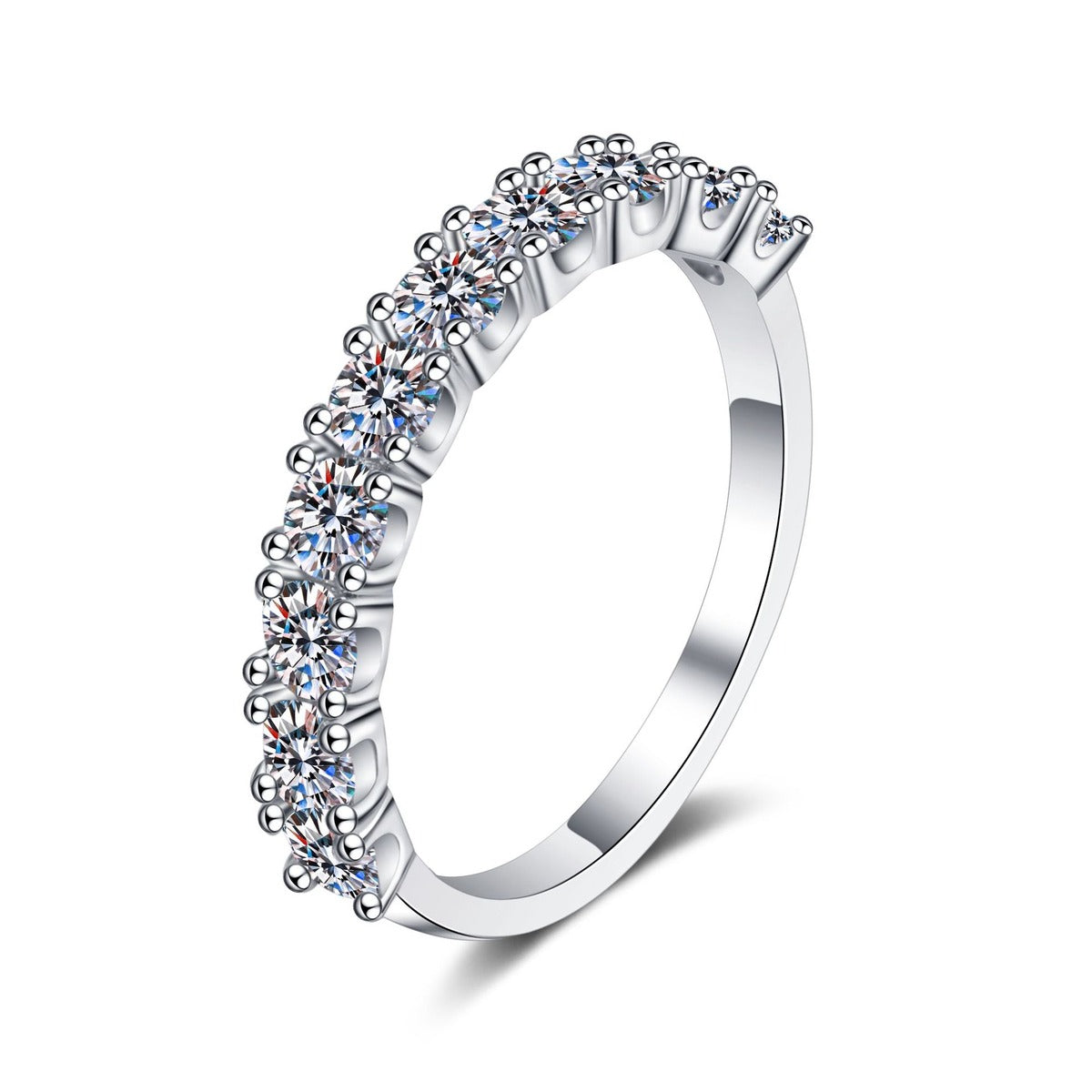 Pave Moissanite Band Ring in Rhodium-Plated S925 Sterling Silver clean white background product photo showing the ring silhouette and moissanite setting