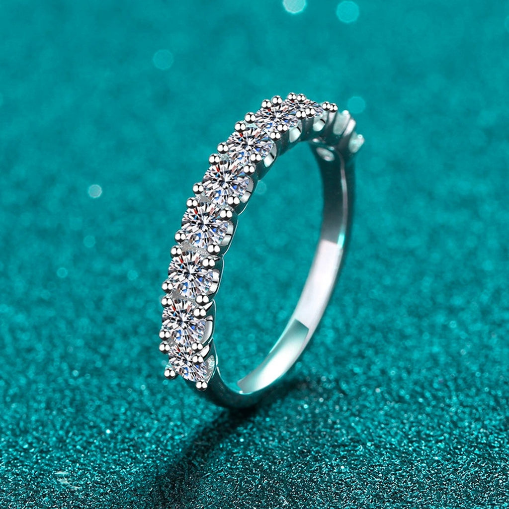 Pave Moissanite Band Ring in Rhodium-Plated S925 Sterling Silver blue display product photo showing the moissanite setting and band profile