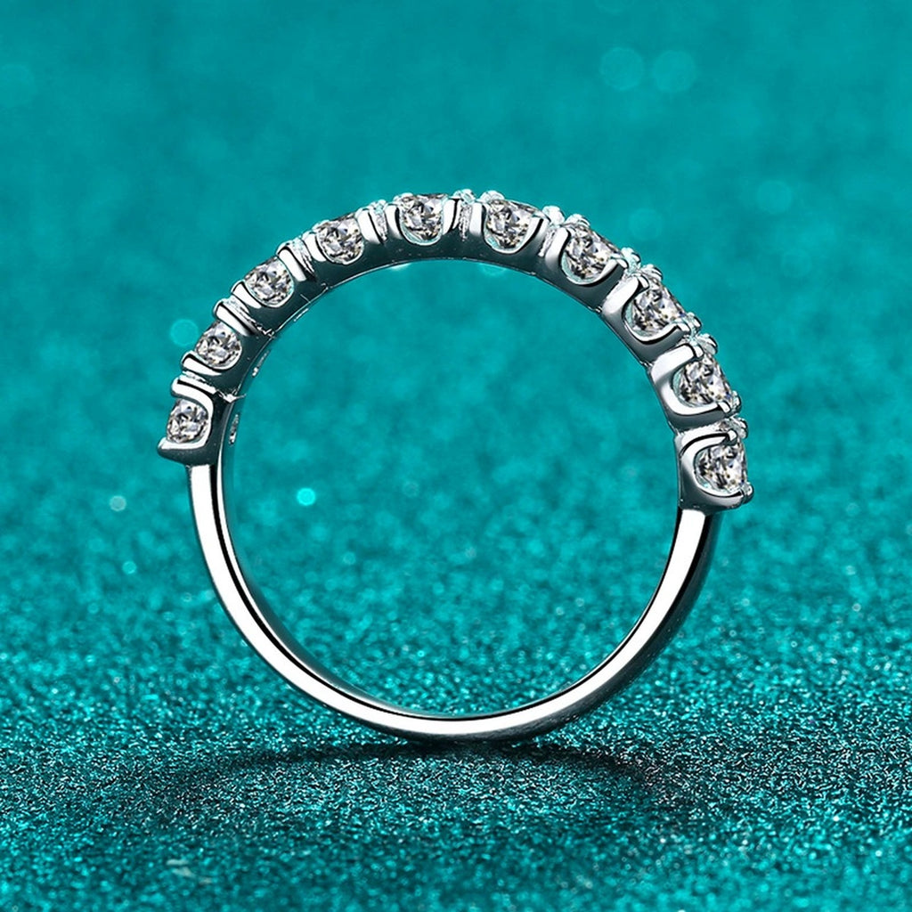 Pave Moissanite Band Ring in Rhodium-Plated S925 Sterling Silver blue display product photo showing the moissanite setting and band profile