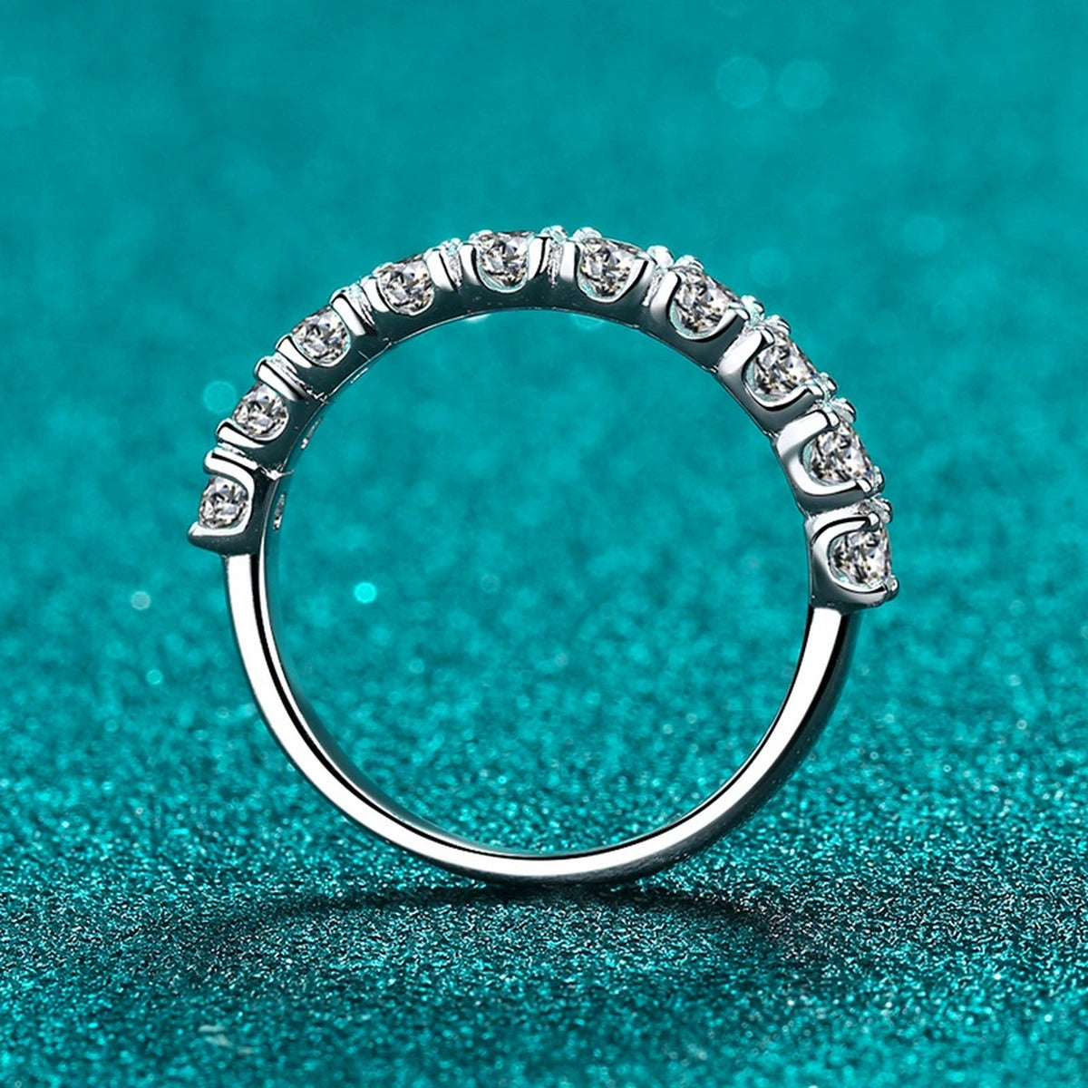 Pave Moissanite Band Ring in Rhodium-Plated S925 Sterling Silver blue display product photo showing the moissanite setting and band profile
