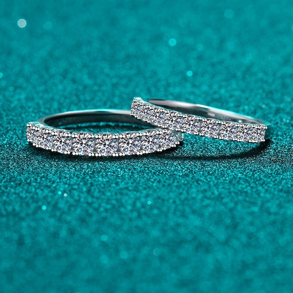 Pave Moissanite Band Ring in Rhodium-Plated S925 Sterling Silver blue display product photo showing the moissanite setting and band profile