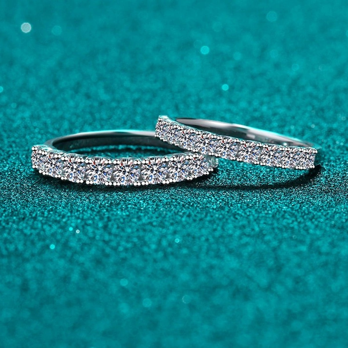 Pave Moissanite Band Ring in Rhodium-Plated S925 Sterling Silver blue display product photo showing the moissanite setting and band profile