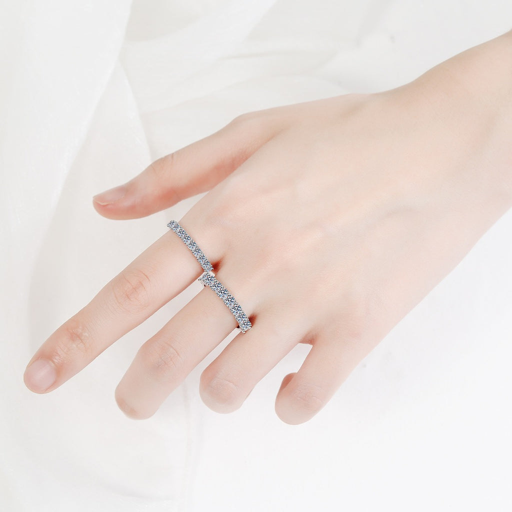 Pave Moissanite Band Ring in Rhodium-Plated S925 Sterling Silver studio product angle showing the ring setting, stone detail, and band design