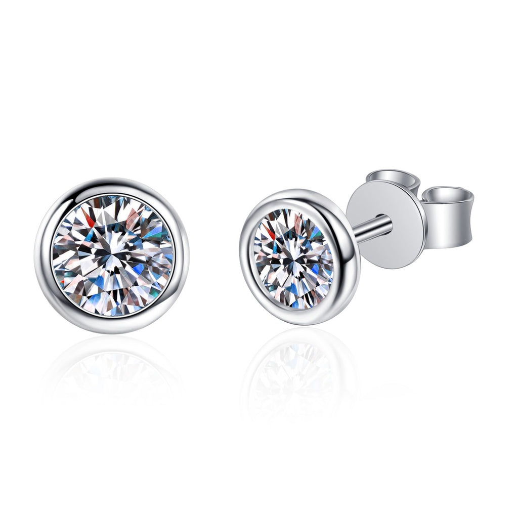 Bezel Round Moissanite Stud Earrings in Rhodium-Plated S925 Sterling Silver on clean white background showing the pair, setting, and stud earrings silhouette